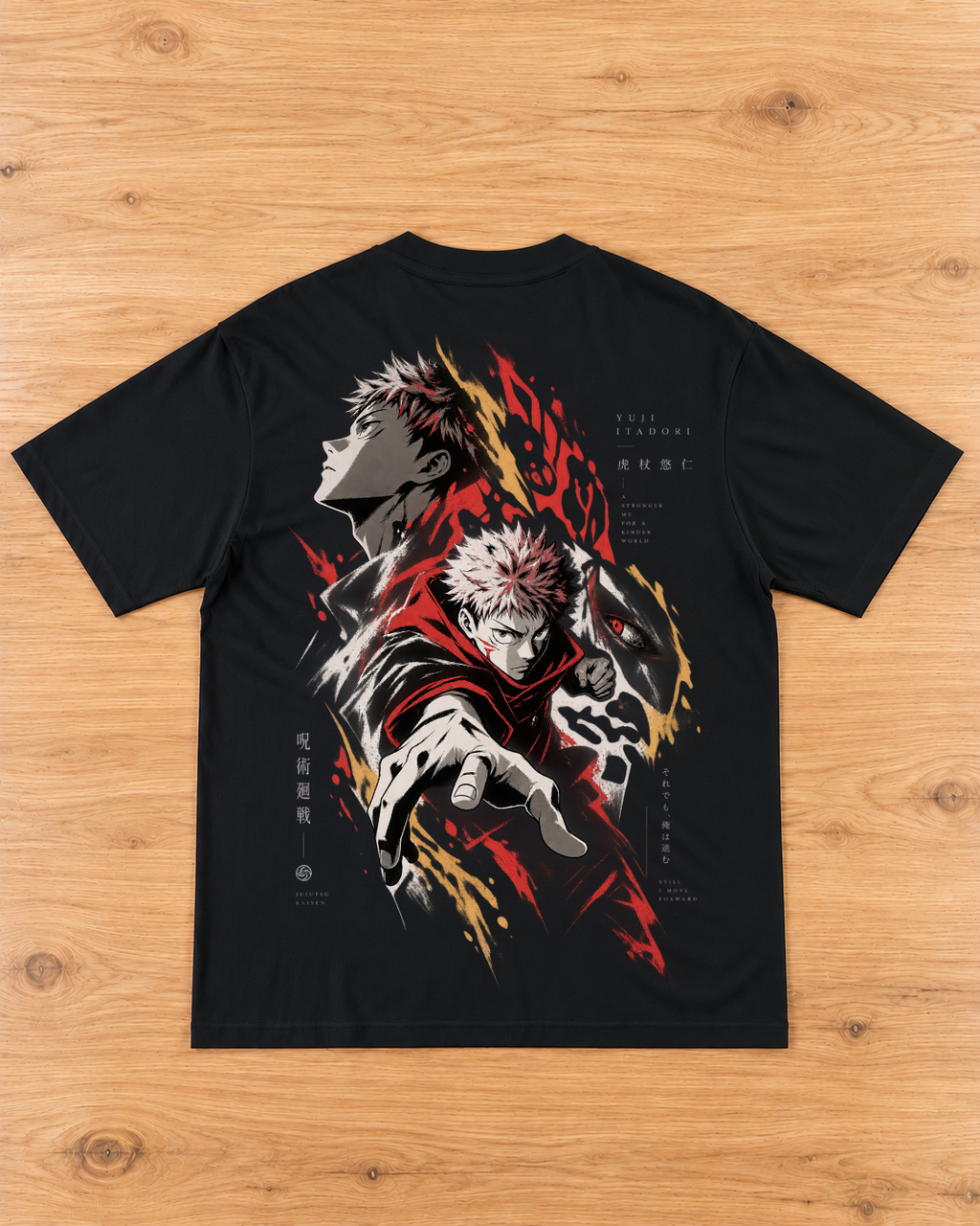 Back of a black T-shirt featuring a pink-haired anime-style warrior in an action pose, a profile portrait, and red, white, grey and gold accents.