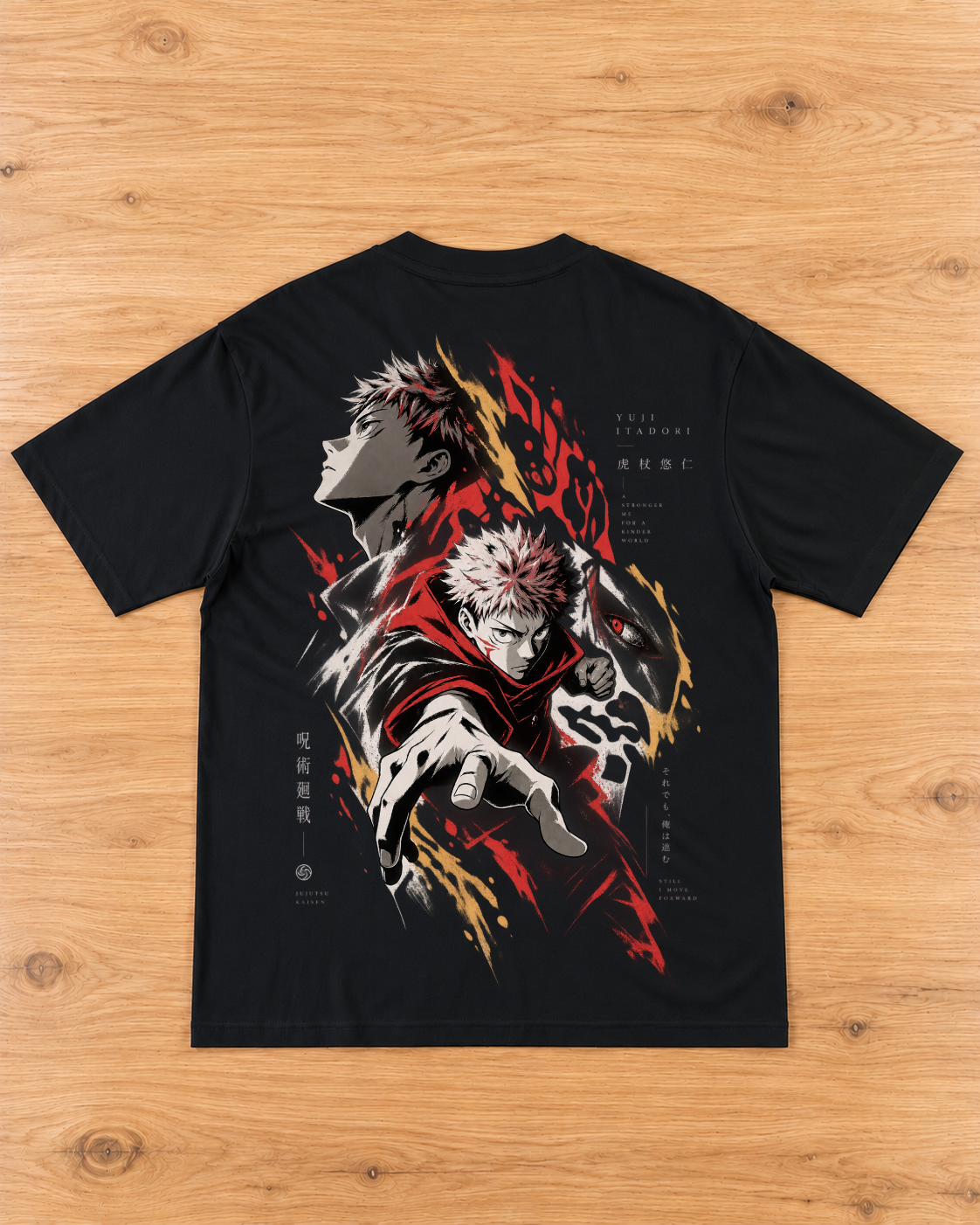 Back of a black T-shirt featuring a pink-haired anime-style warrior in an action pose, a profile portrait, and red, white, grey and gold accents.
