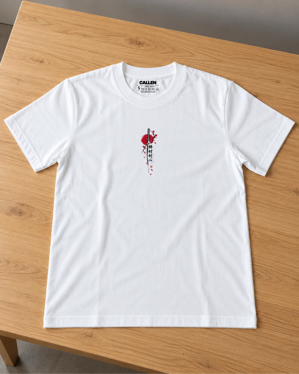 Back of white relaxed-fit T-shirt with red-and-black swordsman illustration, crimson sun and blossoms