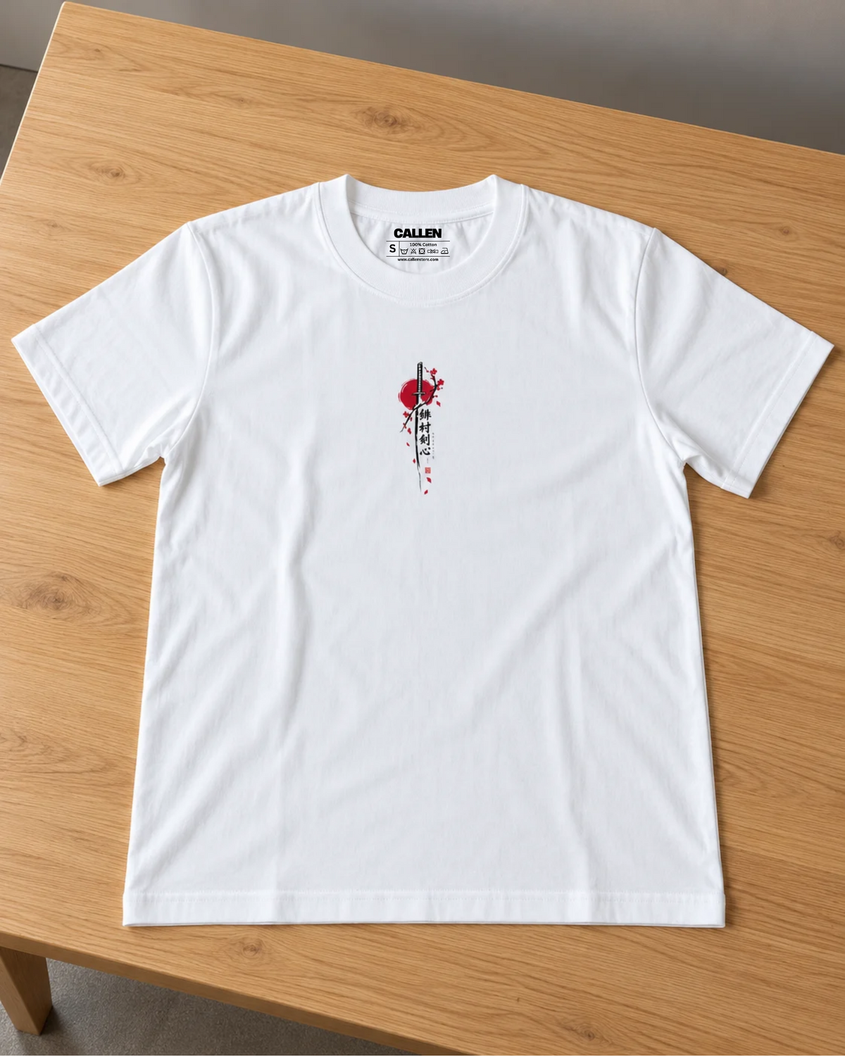 Back of white relaxed-fit T-shirt with red-and-black swordsman illustration, crimson sun and blossoms