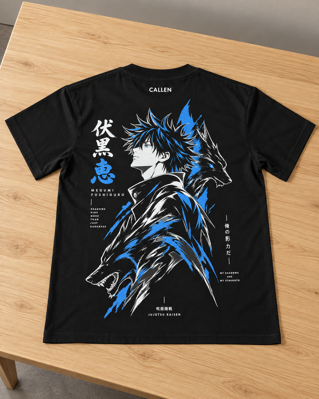 Front of black relaxed-fit T-shirt with small blue-and-white chest graphic