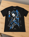 Front of black relaxed-fit T-shirt with small blue-and-white chest graphic